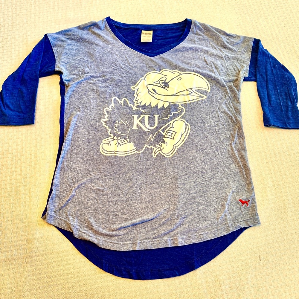 PINK Victoria's Secret Kansas Jayhawks KU Beware of the Phog‎ Raglan Tee Small
